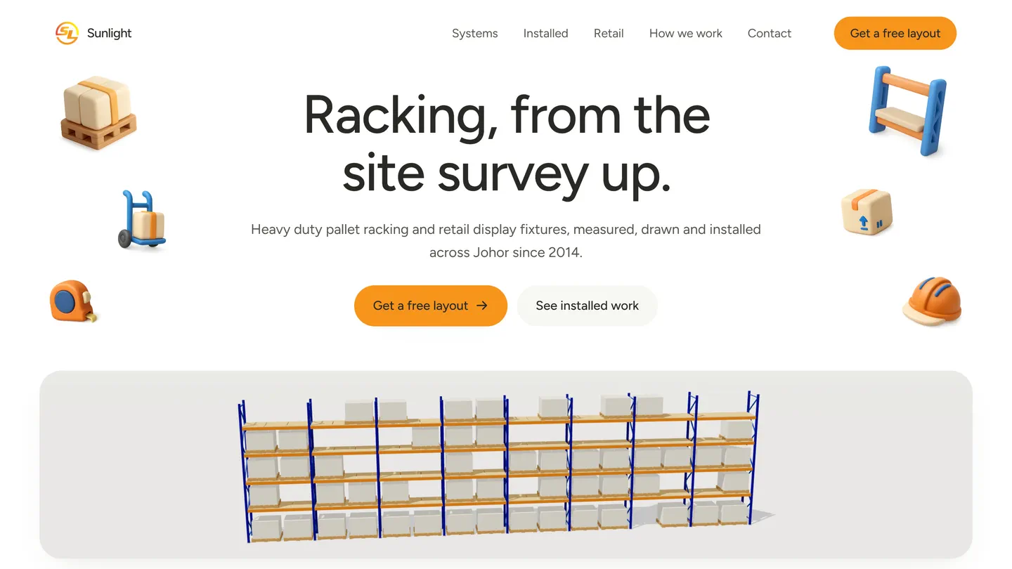 Racking, from the site survey up — the hero over a live 3D rack